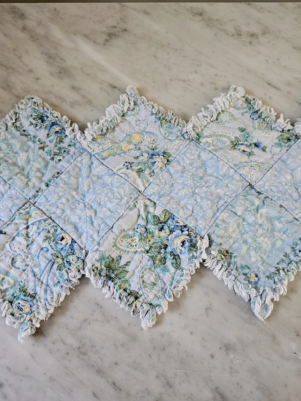 Handmade Blue Floral Rag Quilt Table Runner Cottage Farmhouse 35